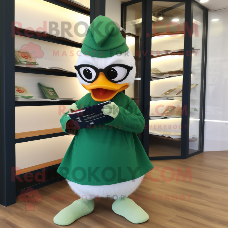 Green Muscovy Duck mascot costume character dressed with a Yoga Pants and Reading glasses