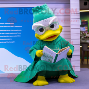 Green Muscovy Duck mascot costume character dressed with a Yoga Pants and Reading glasses