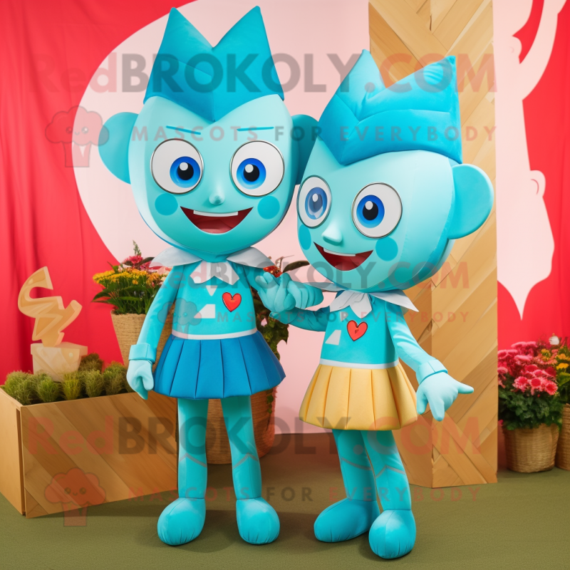Cyan Arrow Of Love mascot costume character dressed with a Midi Dress and Suspenders Cyan Arrow Of Love mascot costume character dressed with a Midi Dress and Suspenders