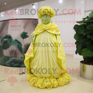 Lemon Yellow Cabbage mascot costume character dressed with a Evening Gown and Shawls