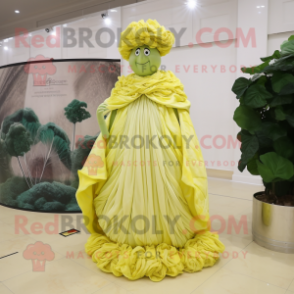 Lemon Yellow Cabbage mascot costume character dressed with a Evening Gown and Shawls