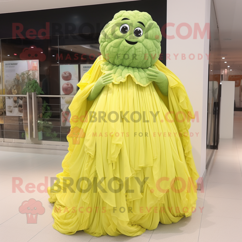 Lemon Yellow Cabbage mascot costume character dressed with a Evening Gown and Shawls