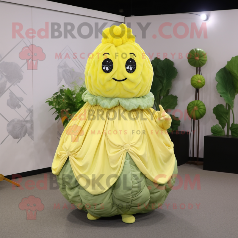 Lemon Yellow Cabbage mascot costume character dressed with a Evening Gown and Shawls