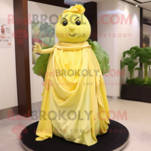 Lemon Yellow Cabbage mascot costume character dressed with a Evening Gown and Shawls