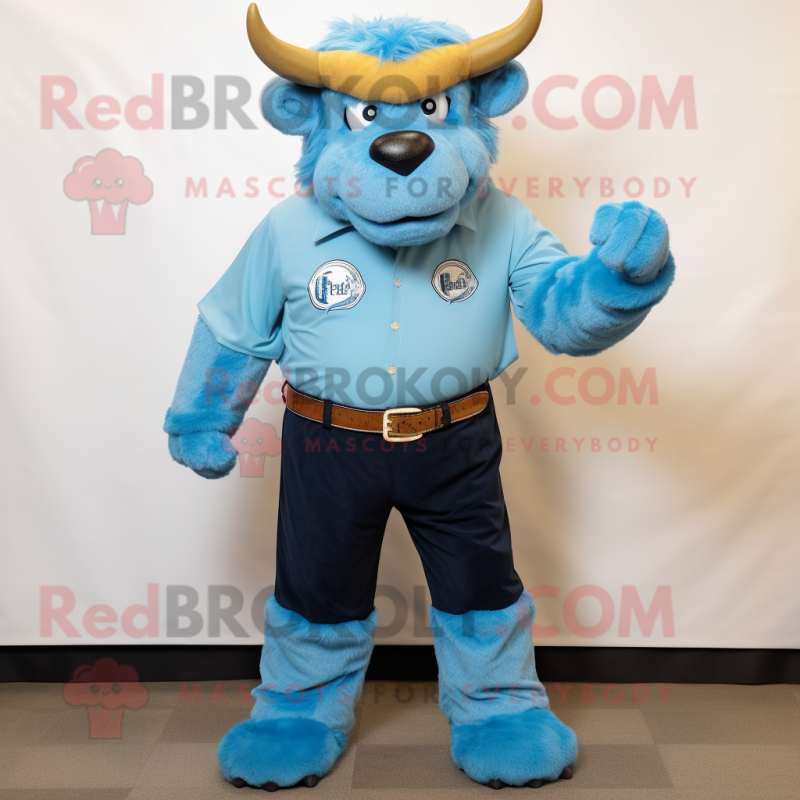 Sky Blue Bison mascot costume character dressed with a Henley Tee and Cufflinks Sky Blue Bison mascot costume character dressed with a Henley Tee and Cufflinks