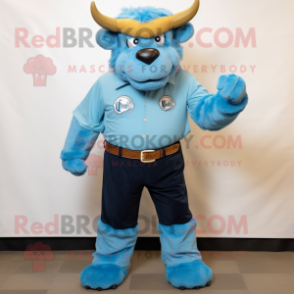 Sky Blue Bison mascot costume character dressed with a Henley Tee and Cufflinks