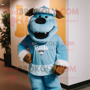 Sky Blue Bison mascot costume character dressed with a Henley Tee and Cufflinks
