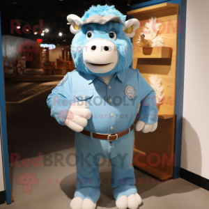 Sky Blue Bison mascot costume character dressed with a Henley Tee and Cufflinks