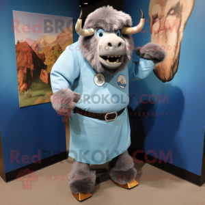 Sky Blue Bison mascot costume character dressed with a Henley Tee and Cufflinks