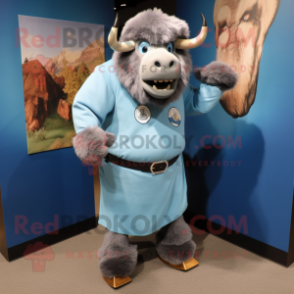 Sky Blue Bison mascot costume character dressed with a Henley Tee and Cufflinks