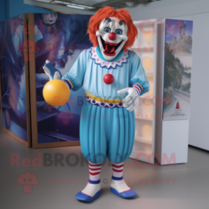 Blue Evil Clown mascot costume character dressed with a Board Shorts and Clutch bags