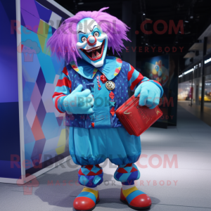 Blue Evil Clown mascot costume character dressed with a Board Shorts and Clutch bags