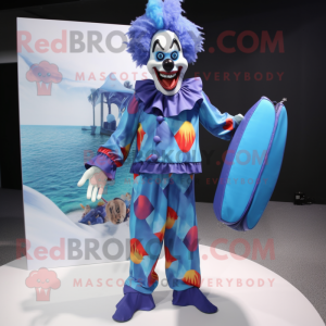 Blue Evil Clown mascot costume character dressed with a Board Shorts and Clutch bags