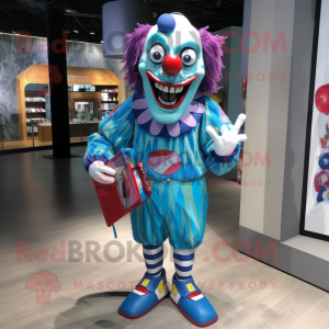 Blue Evil Clown mascot costume character dressed with a Board Shorts and Clutch bags