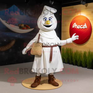 White Paella mascot costume character dressed with a A-Line Dress and Messenger bags