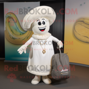 White Paella mascot costume character dressed with a A-Line Dress and Messenger bags