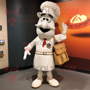 White Paella mascot costume character dressed with a A-Line Dress and Messenger bags