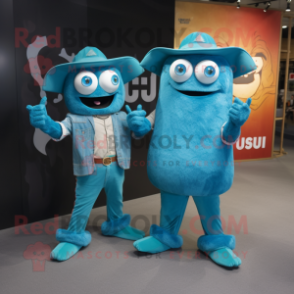 Turquoise Goulash mascot costume character dressed with a Boyfriend Jeans and Cufflinks