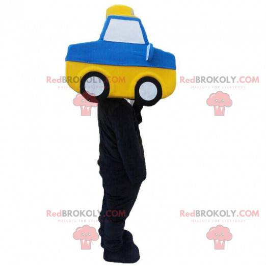 Blauw en geel auto mascotte, autokostuum - Redbrokoly.com