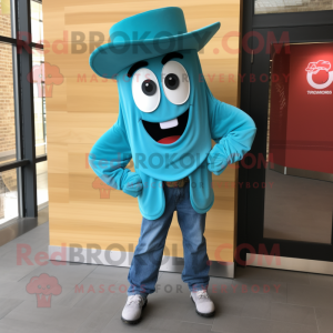 Turquoise Goulash mascot costume character dressed with a Boyfriend Jeans and Cufflinks