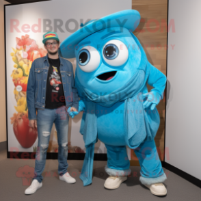 Turquoise Goulash mascot costume character dressed with a Boyfriend Jeans and Cufflinks