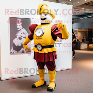 Yellow Swiss Guard mascot costume character dressed with a Dress Pants and Smartwatches