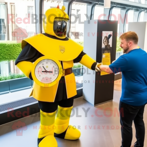 Yellow Swiss Guard mascot costume character dressed with a Dress Pants and Smartwatches