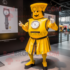 Yellow Swiss Guard mascot costume character dressed with a Dress Pants and Smartwatches