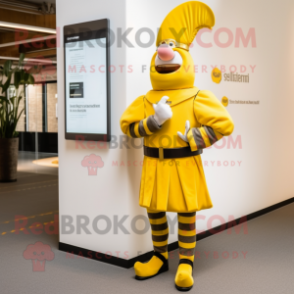 Yellow Swiss Guard mascot costume character dressed with a Dress Pants and Smartwatches