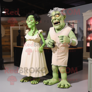 Cream Frankenstein'S Monster mascot costume character dressed with a Evening Gown and Suspenders