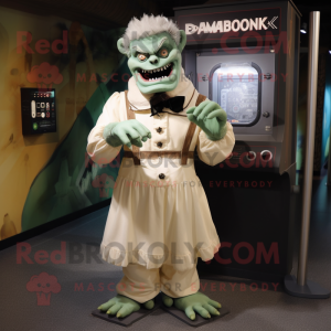 Cream Frankenstein'S Monster mascot costume character dressed with a Evening Gown and Suspenders