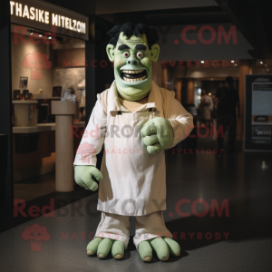 Cream Frankenstein'S Monster mascot costume character dressed with a Evening Gown and Suspenders