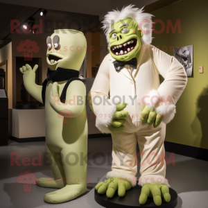 Cream Frankenstein'S Monster mascot costume character dressed with a Evening Gown and Suspenders