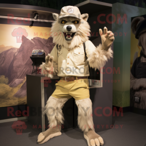 Cream Werewolf mascot costume character dressed with a Cargo Shorts and Hats