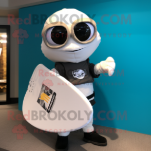 White Surfboard mascot costume character dressed with a Moto Jacket and Messenger bags