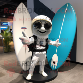 White Surfboard mascot costume character dressed with a Moto Jacket and Messenger bags