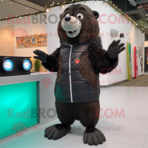 Black Beaver mascot costume character dressed with a Cardigan and Digital watches