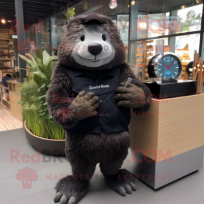 Black Beaver mascot costume character dressed with a Cardigan and Digital watches