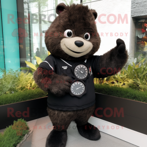 Black Beaver mascot costume character dressed with a Cardigan and Digital watches