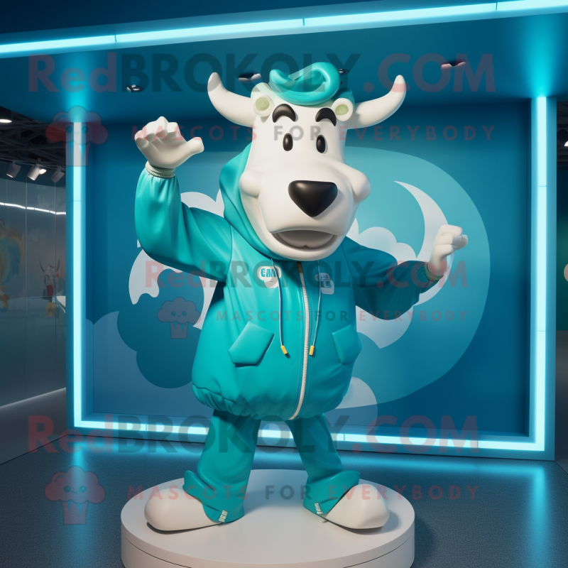 Turquoise Cow mascot costume character dressed with a Windbreaker and Earrings