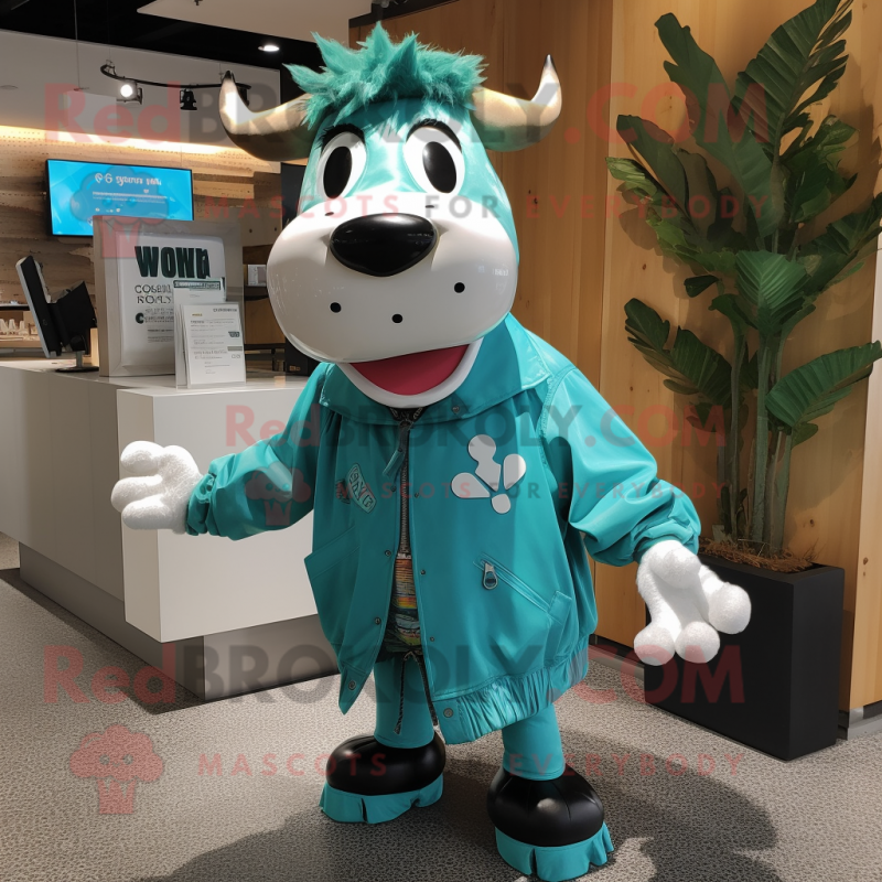 Turquoise Cow mascot costume character dressed with a Windbreaker and Earrings