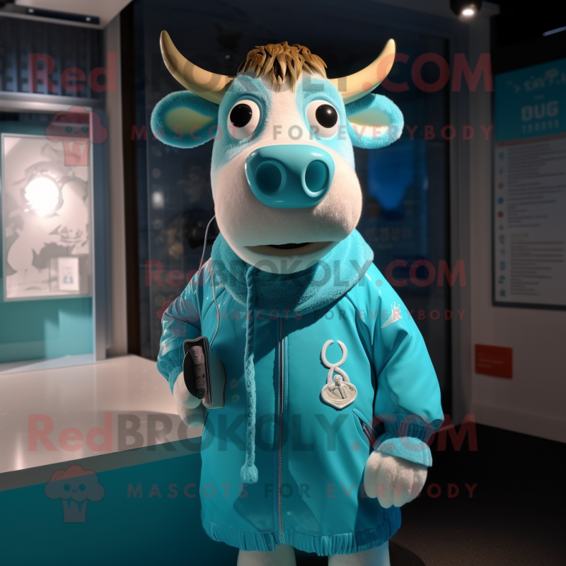 Turquoise Cow mascot costume character dressed with a Windbreaker and Earrings