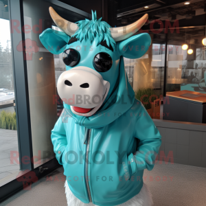 Turquoise Cow mascot costume character dressed with a Windbreaker and Earrings