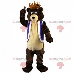 Bruine beer mascotte met een kroon, berenkoning kostuum -