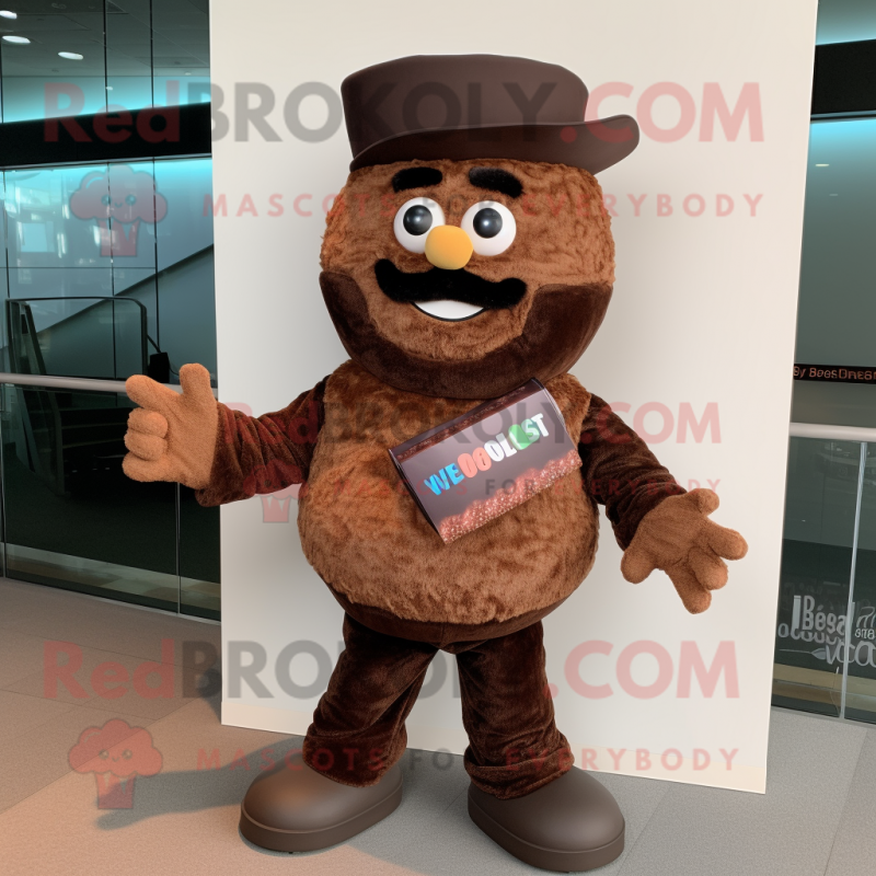 Brown Cupcake mascot costume character dressed with a Vest and Hats