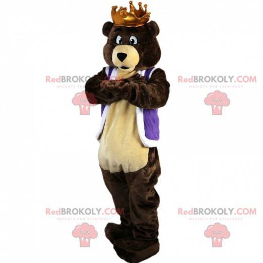 Mascote urso pardo com coroa e fantasia de rei urso -