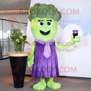 Lavender Broccoli mascot costume character dressed with a Cocktail Dress and Wallets