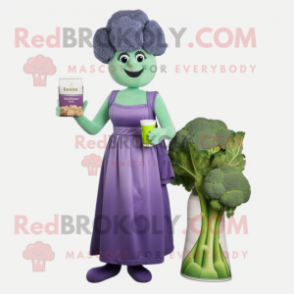 Lavender Broccoli mascot costume character dressed with a Cocktail Dress and Wallets