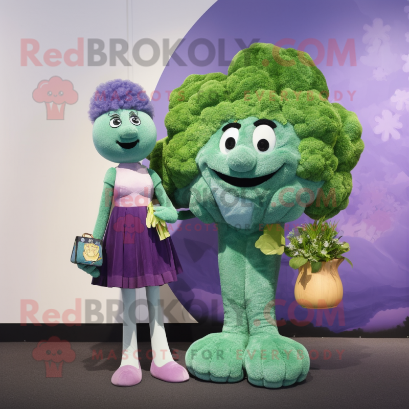 Lavender Broccoli mascot costume character dressed with a Cocktail Dress and Wallets