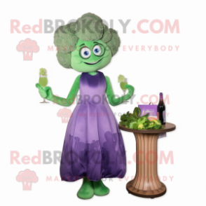 Lavender Broccoli mascot costume character dressed with a Cocktail Dress and Wallets